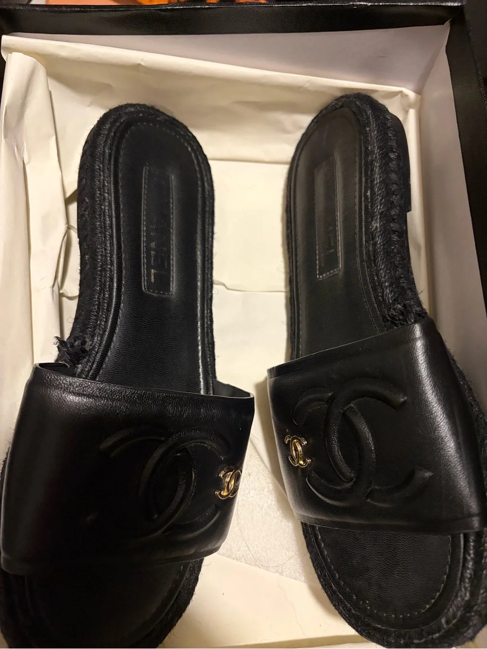 Chanel Black Leather Slide Mules with Interlocking Logo